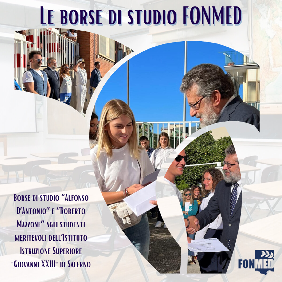 Fonmed, le due borse di studio “Alfonso d’Antonio” e “Roberto Mazzone” alla cerimonia d’inaugurazione dell’iis “Giovanni xxiii” di Salerno