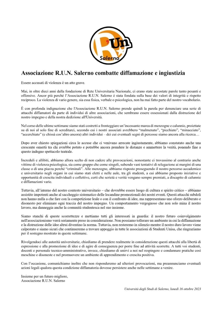 Unisa, l’associazione R.U.N. Salerno contro diffamazioni e ingiustizie